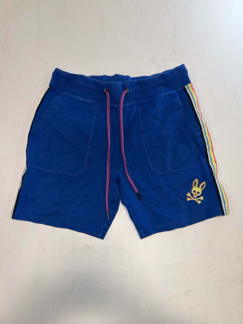 Psycho Bunny Men's Blue Warwick Track Sweat Shorts with Rainbow Side  Medium